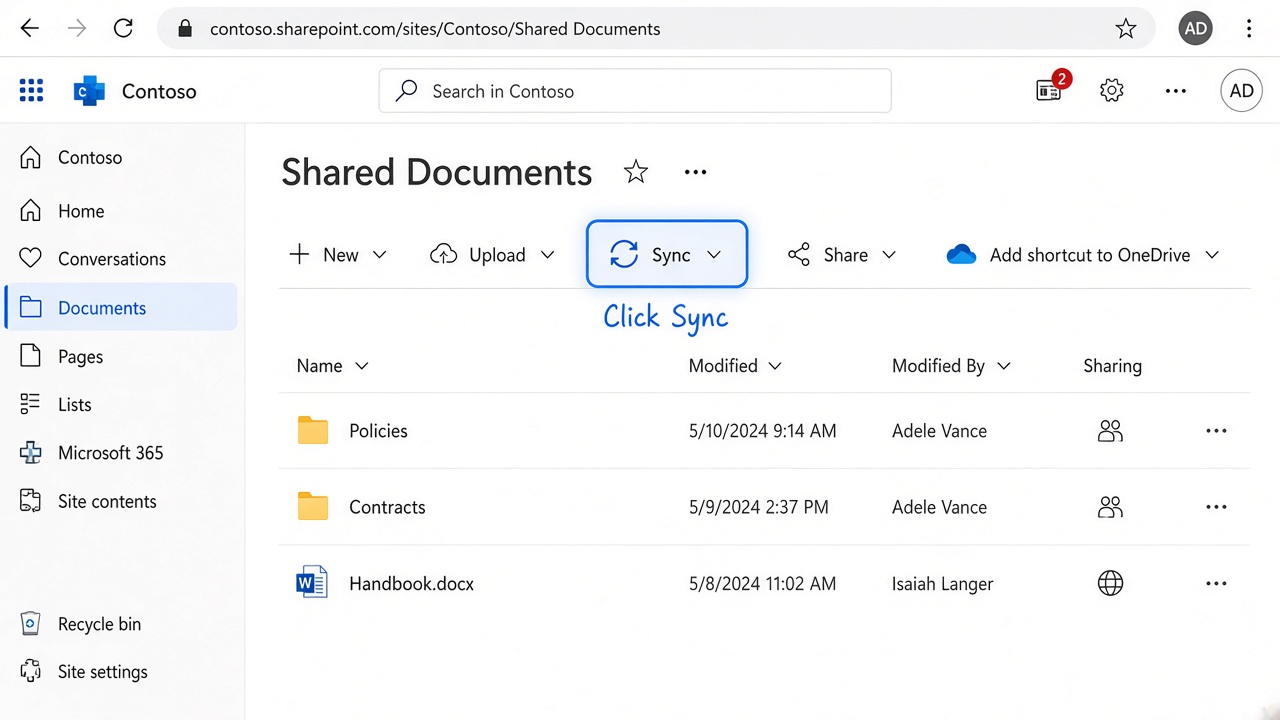 SharePoint Shared Documents library with Sync and Add shortcut to OneDrive visible on the command bar; Sync is outlined