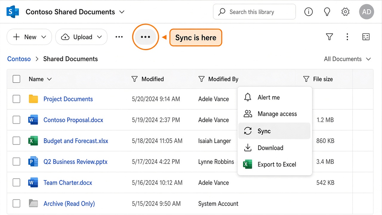Narrow SharePoint command bar with the three-dot menu open; Sync is highlighted inside the overflow menu