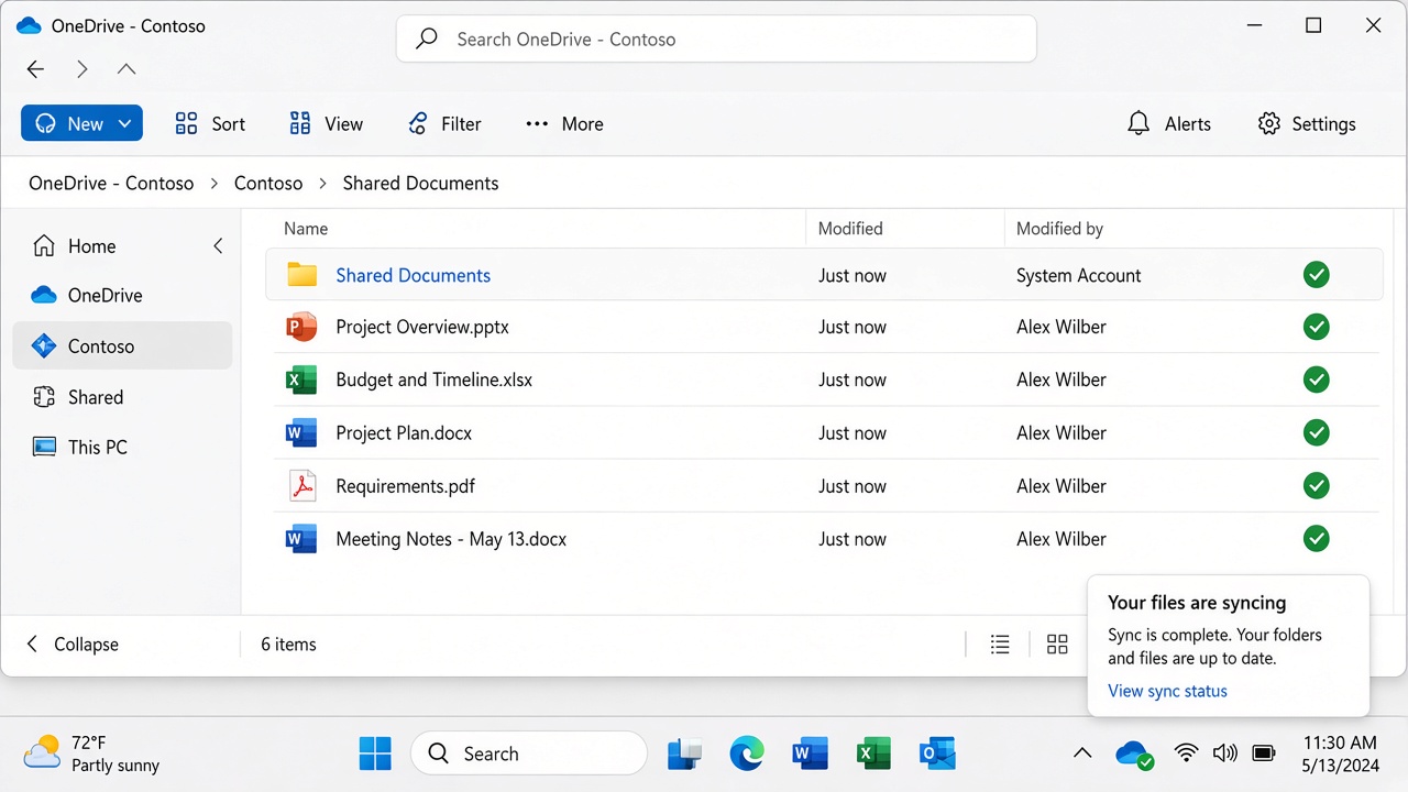 File Explorer showing OneDrive Contoso with Shared Documents and green sync checkmarks; OneDrive tray shows sync complete