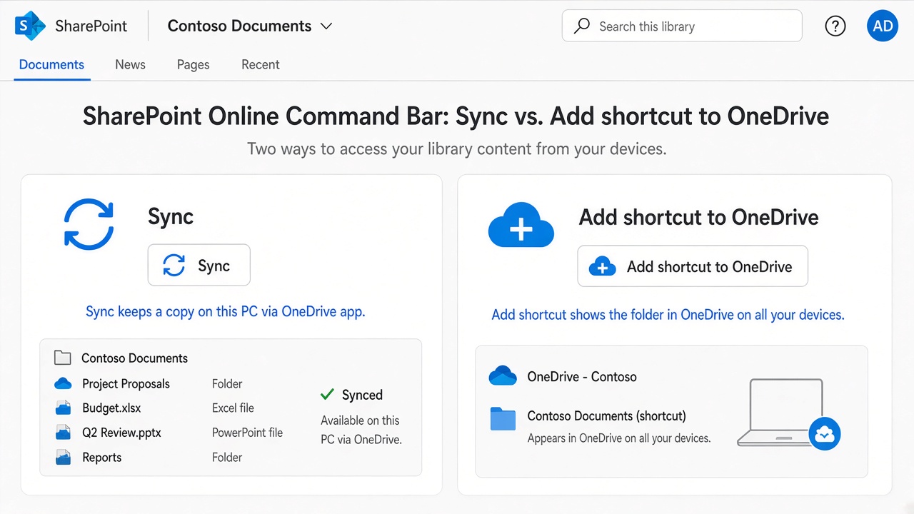 Side-by-side comparison of SharePoint Sync versus Add shortcut to OneDrive, with short captions for each option